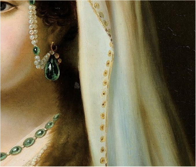 Woman portrait detail wearing emerald drop earring and pearl necklace — Marco De Luca inspiration
